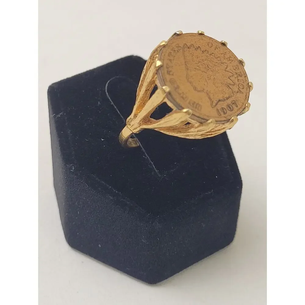 Vintage 1907 Penny Ring 18K GE Gold Electroplated Band | Sz 8.75 - Picture 2 of 7